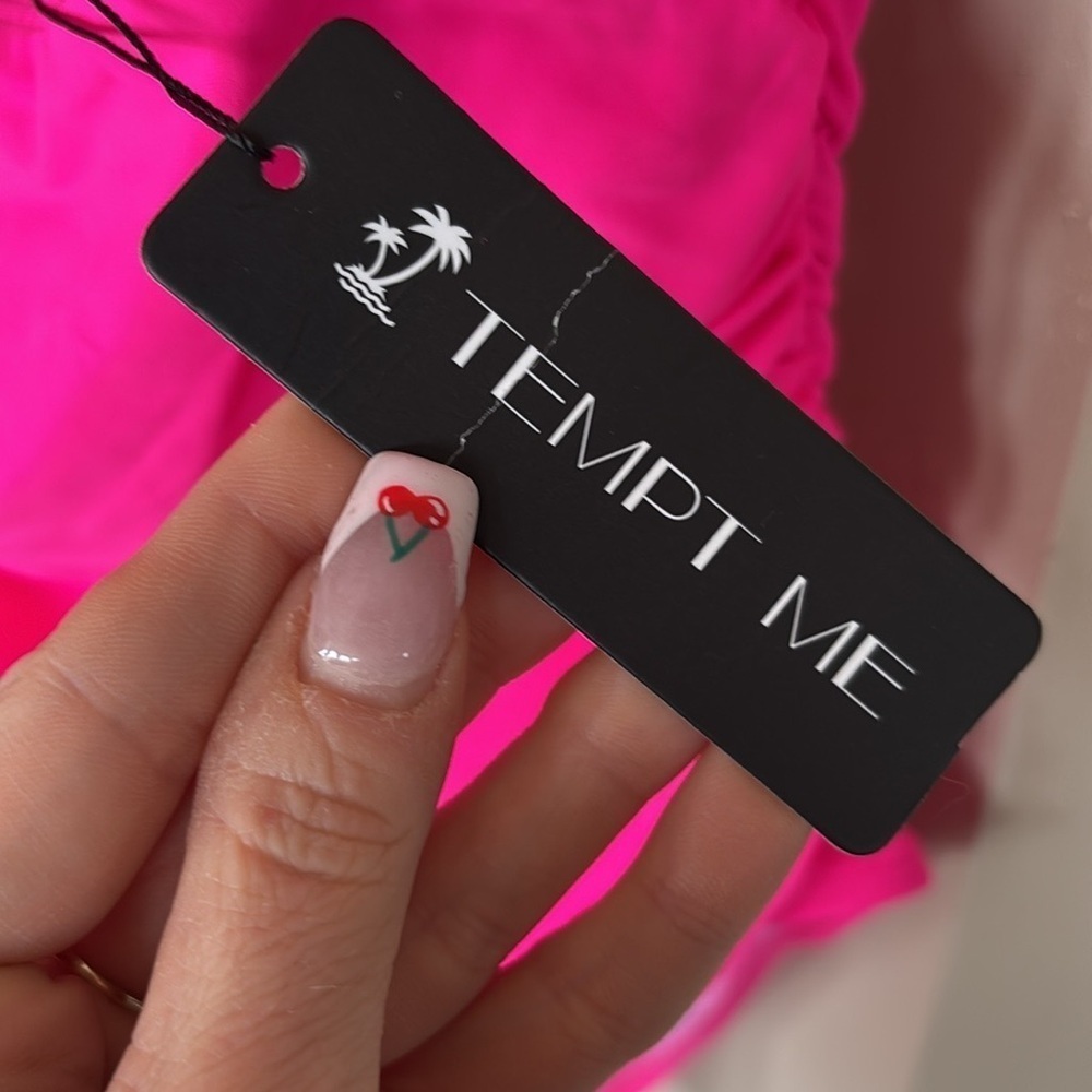 Brand New Tempt Me Hot Pink Tie Up Halter One-Piece Swimsuit Cutout Ruched Retro - Picture 6 of 16